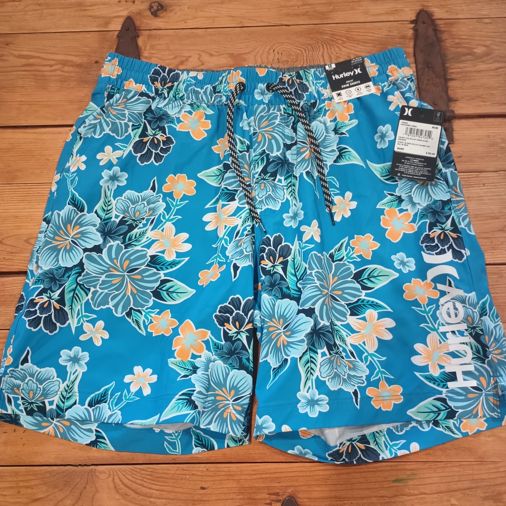 Hurley Men's Blue Floral Swim Volley Board Shorts Coastal Beach Tropical Size M